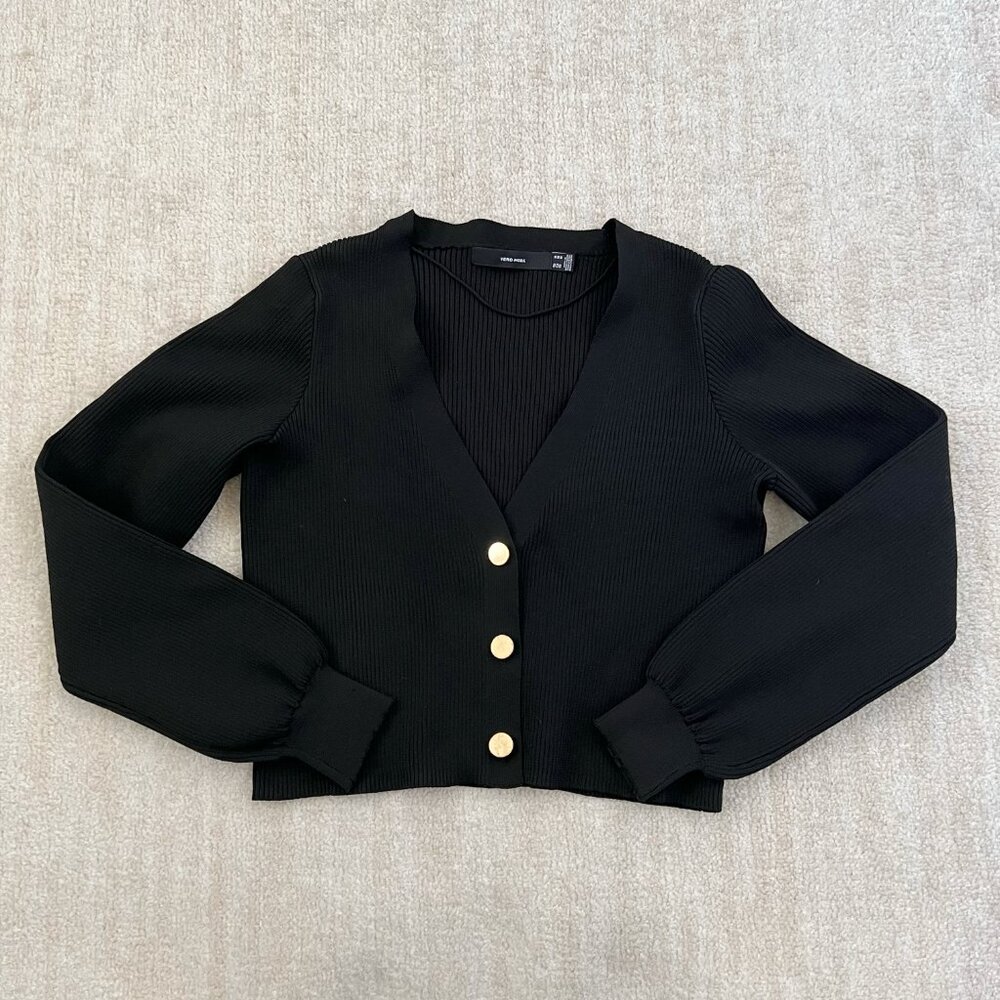 Vero Moda Black Button Up Cropped Knit Cardigan Sweater M